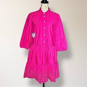 GAP L Petite Pink Eyelet Mini Dress Puff Sleeve Sequin Heart Barbie Cottagecore